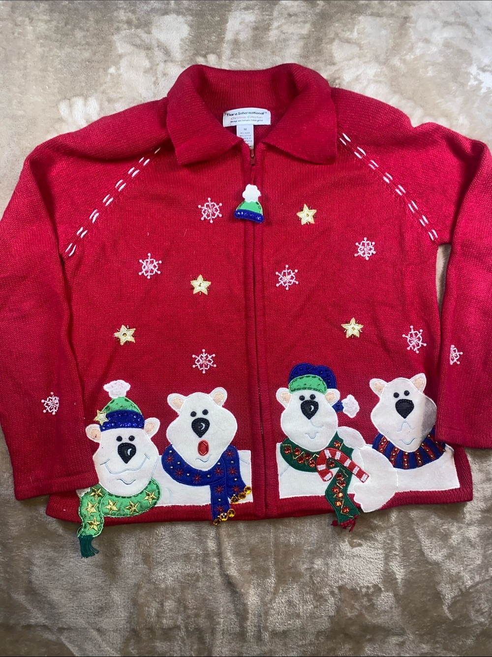 Tiara International Festive Christmas Polar Bear Zip-Up Women's Cardigan Sweater